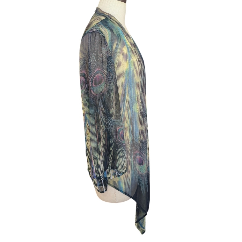 Chenault sheerchiffon peacock Kimono jacket duster, W/ knot/tie front. Medium. - Picture 10 of 16